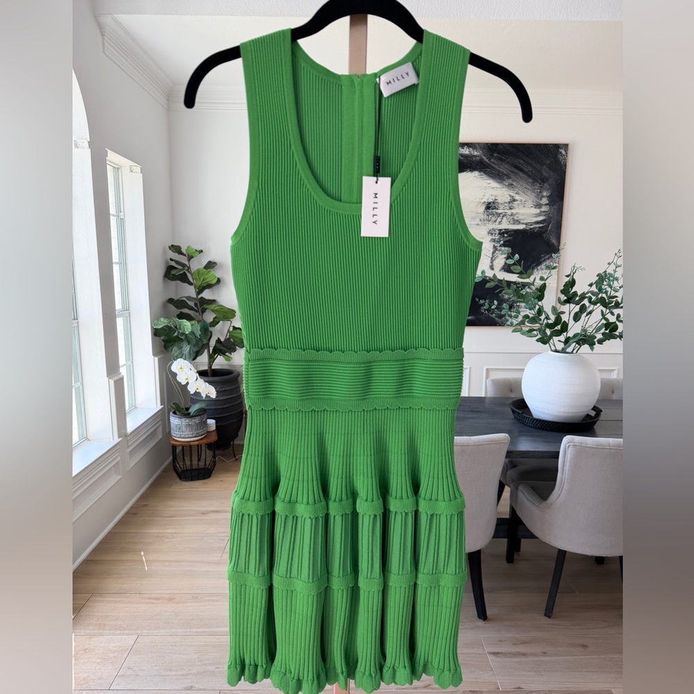 Milly Green Ribbed Knit Midi Dress